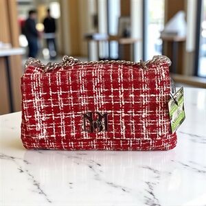NWT Badgley Mischka Cherry Red & White Textured Plaid Convertible Crossbody